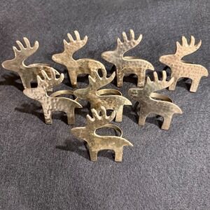 Vintage Hammered Gold Reindeer Napkin Rings Set of 8 Christmas Holiday Decor